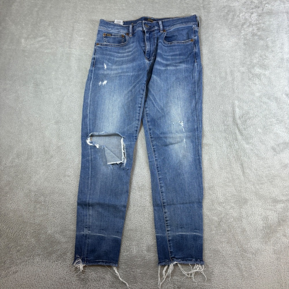 Polo Jeans Women 29R (Fits 30x27) Slim Distressed Whiskered Faded Stretch Blue